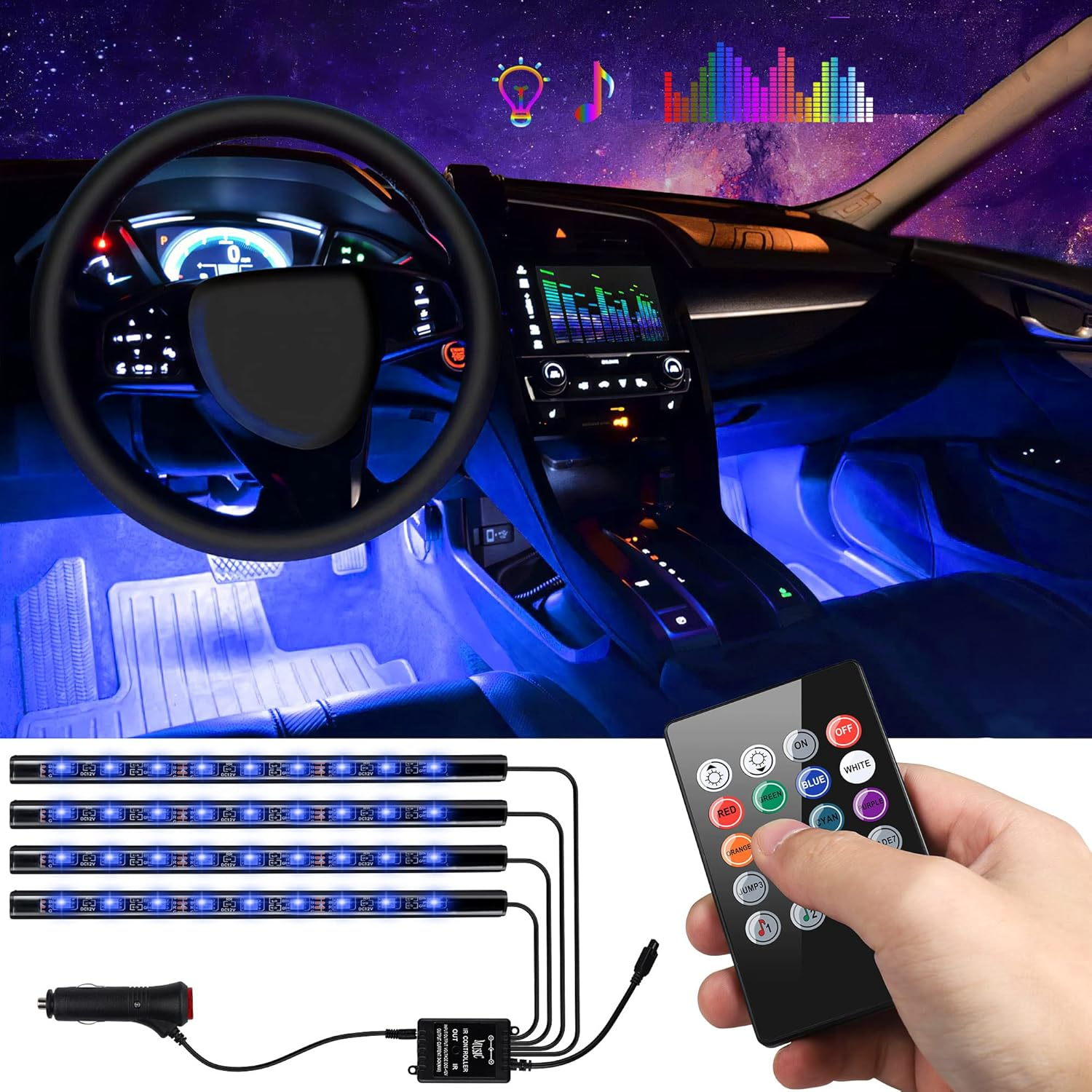 Lampe d’Ambiance Auto Sous-Pédales – LED avec Réaction Musicale